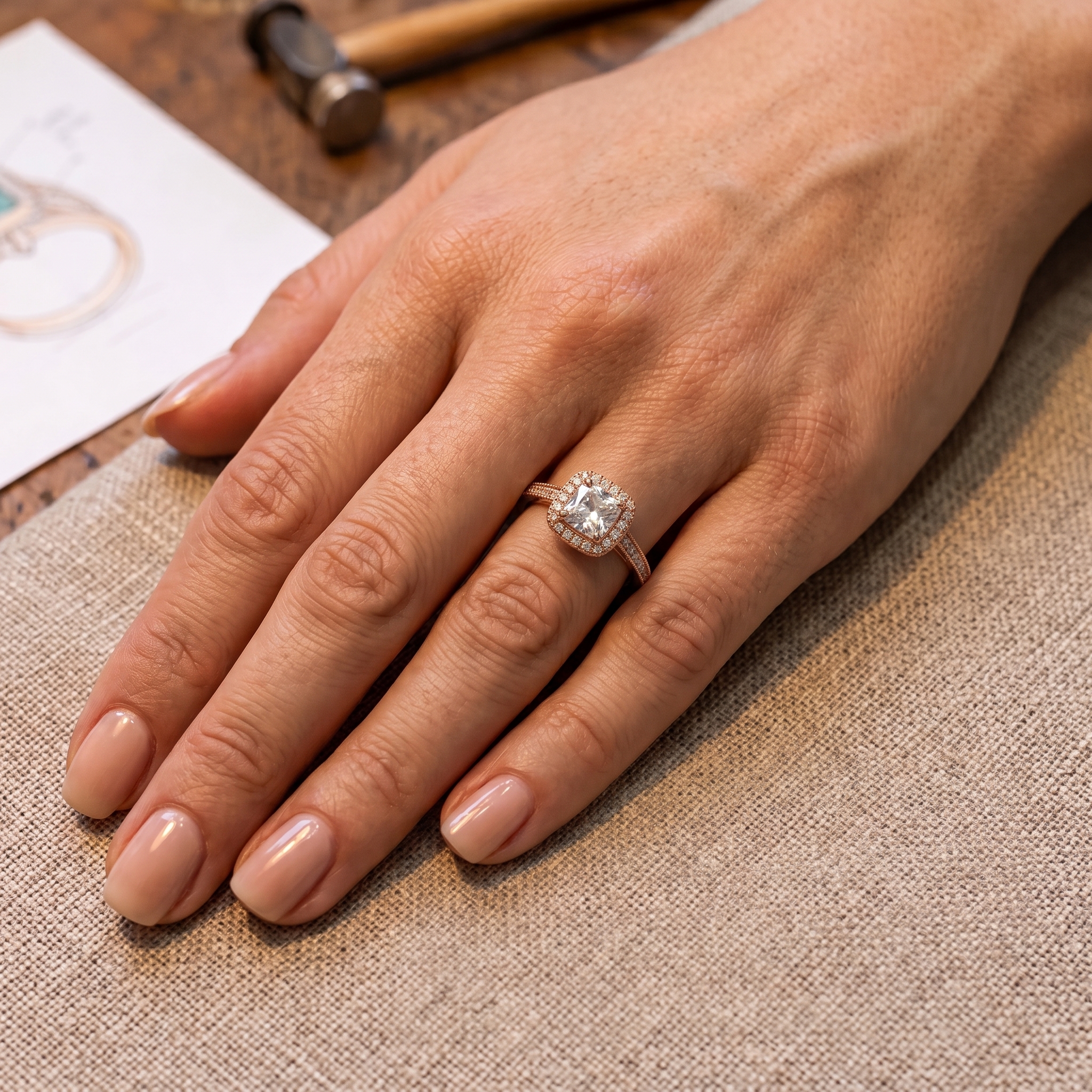 anello-halo-oro-rosa-diamante-cuscino-sulla-mano-della-donna