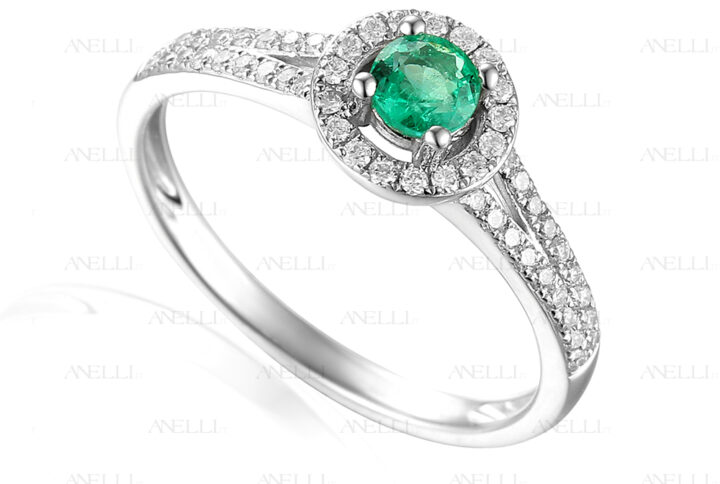 Anello Halo Smeraldo e Diamanti