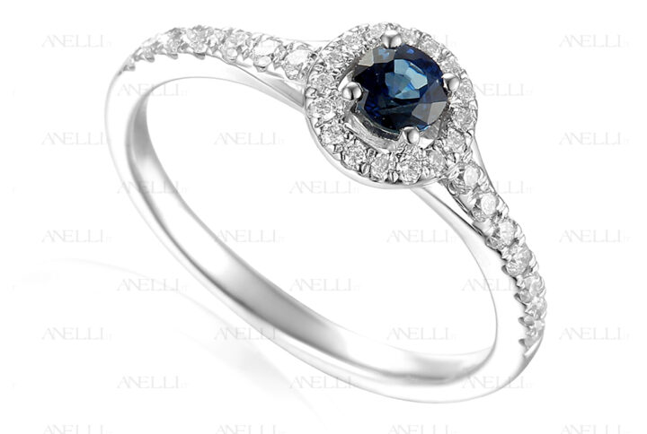 Anello Halo con Zaffiro e Diamanti 1.15 Carati