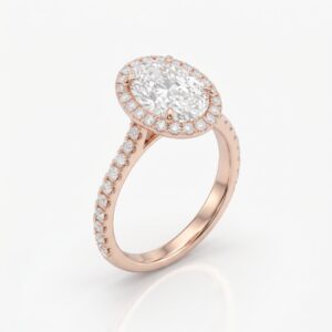 Anello halo in oro rosa con diamante ovale centrale e piccoli diamanti lungo la fascia.